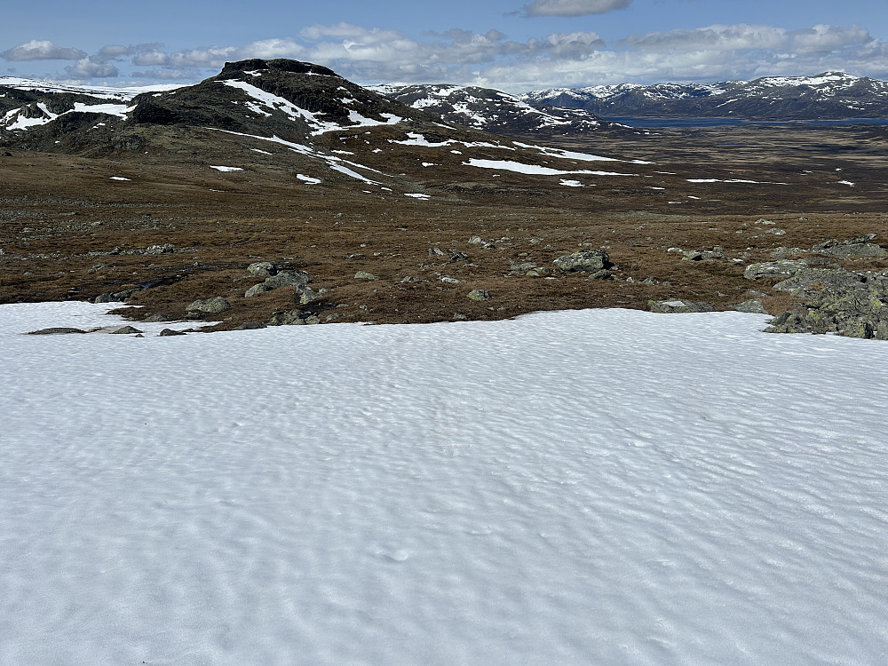 Vi måtte passere en snøfonn på vei ned fra Fossebrea og midt i bildet er Vermenuten på 1525 moh som vi ikke var oppom.