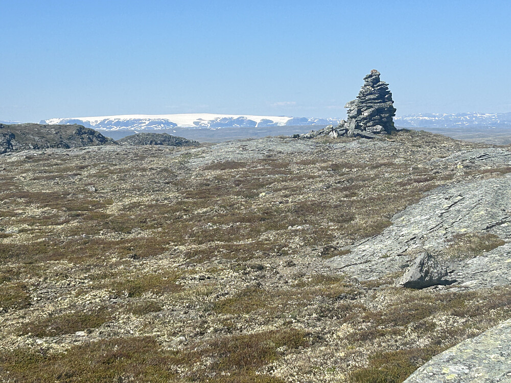 Toppvarden på "Lakadalsberga sør" med Hardangerjøkulen i bakgrunnen.