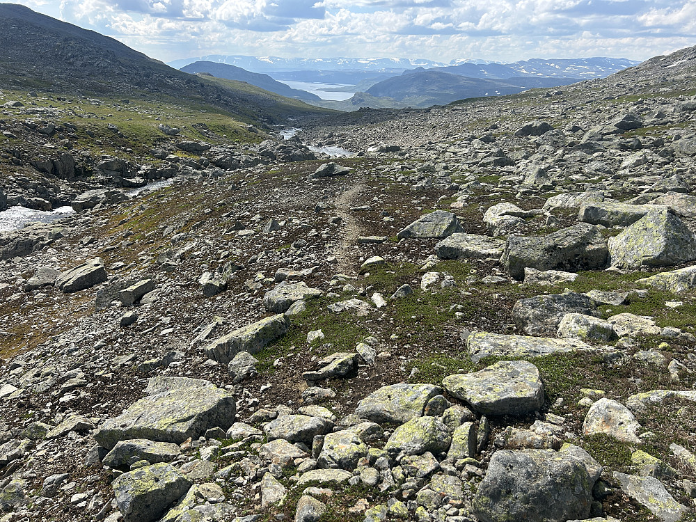Fortsatt fint å gå, og her ser vi tilbake og videre helt til Hallingskarvet i bakgrunnen.