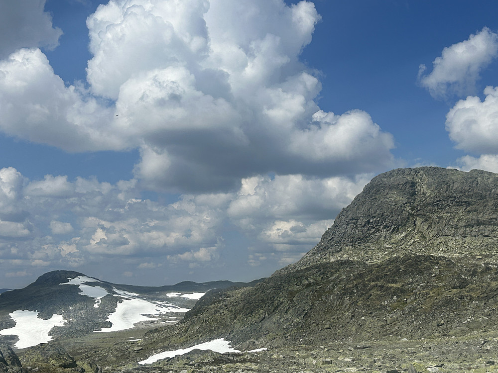 Vestsiden av Gråhyrneran er ganske bratt, og derfra lettet det en ørn mens vi gikk oppover. Den kan ses som en liten prikk på bildet, men var av det større slaget. Muligens en kongeørn siden jeg syntes den så like stor ut som havørnene jeg har sett på Stadt.