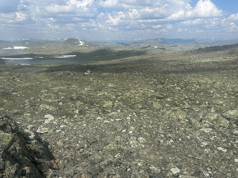 Utsikt, dog litt disig, nordover mot Jotunheimen.