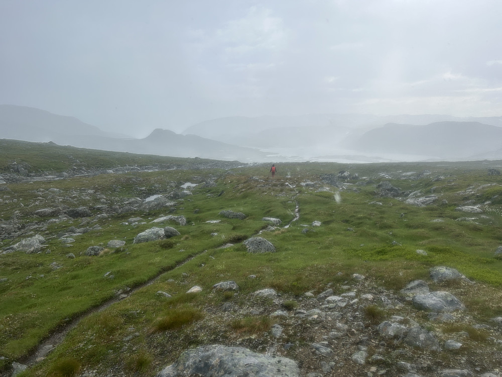 Nedover her gikk vi i regnvær mens vi håpet på at lynene slo ned litt høyere oppe i fjellet.