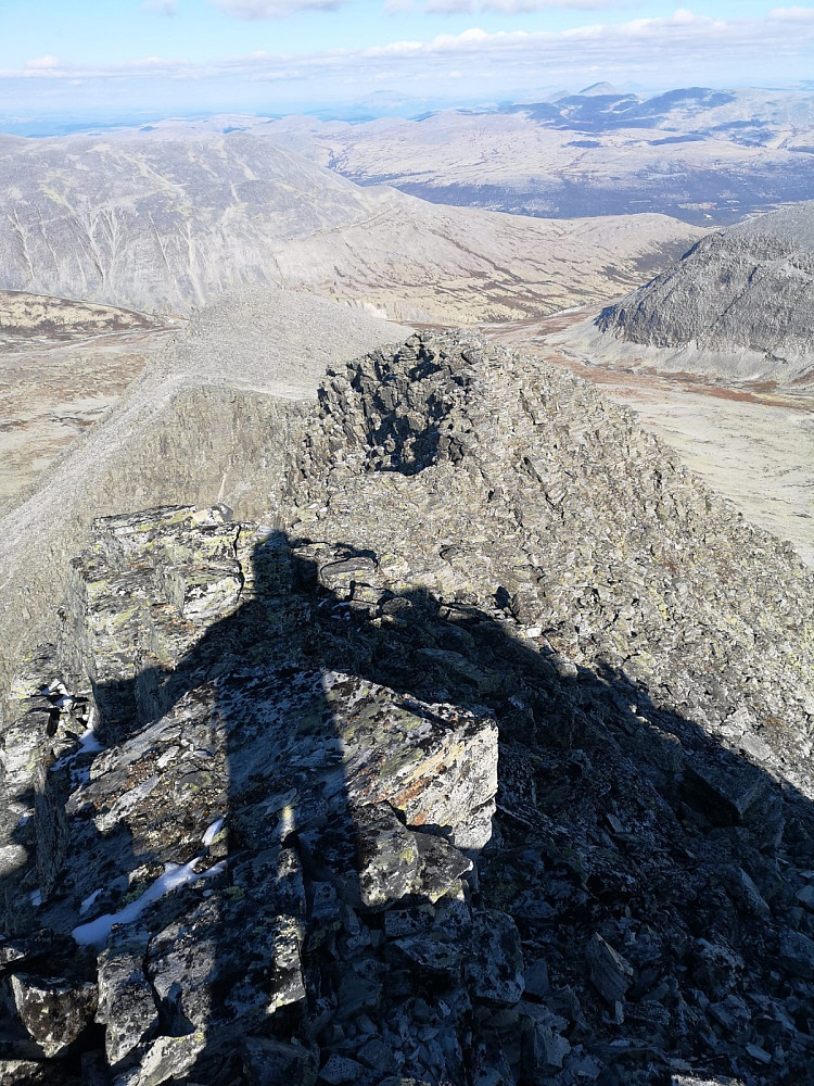 Ryggen som går nord-øst ned fra Storronden er merket med en grønn trekant. Jeg var spent på hvordan dette ville være. Jeg har hørt at det skal være best å gå opp rygge, jeg gikk jo ned. Etter en stund så skjønte jeg at jeg hadde gått forbi den grønne trekanten da eggen flatet ut..