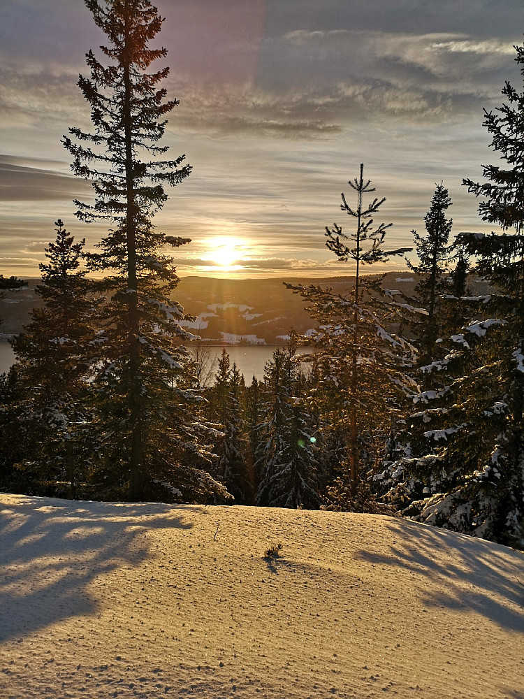 Da jeg kom tilbake til den første høyden jeg kom opp på før i dag. Ble jeg møtt av solnedgang over Storsjøen. Lyset på toppen var helt spesielt.