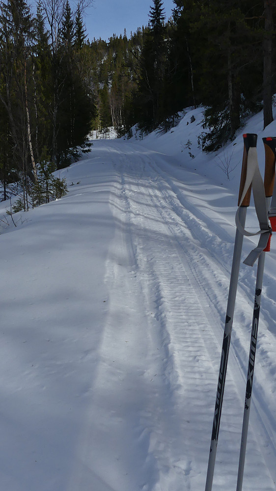 Opp til Beitet gikk det en vei, og den var bratt nesten hele veien. Det var en scooter som hadde kjørt tur/retur. Det var fint å gå opp, men et mareritt å kjøre ned når man skulle bremse..