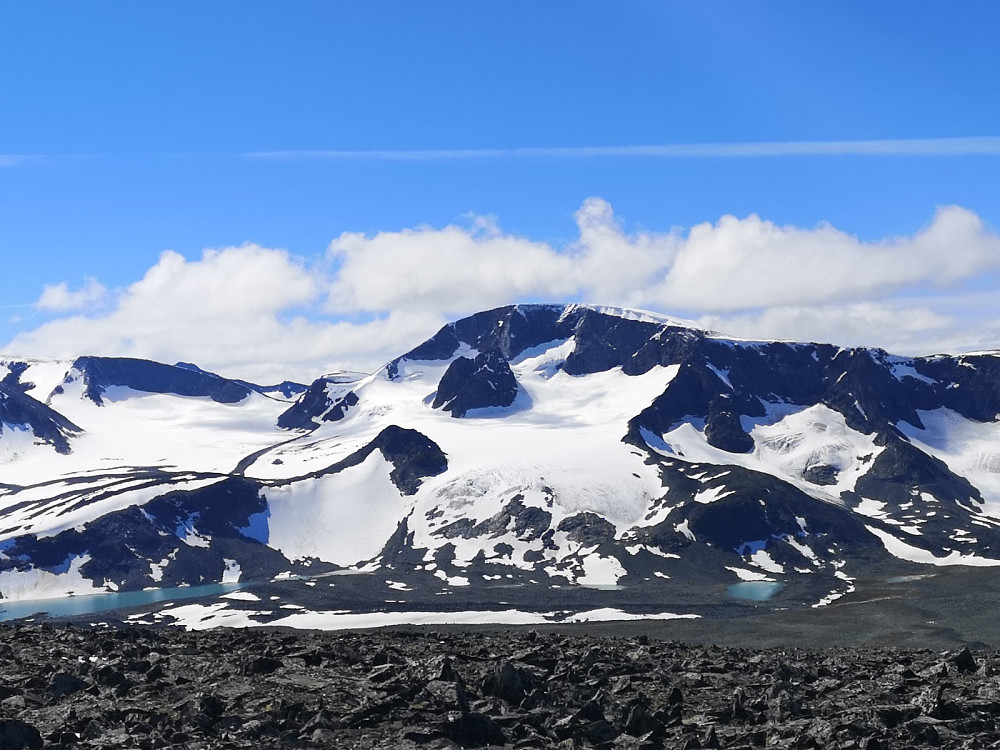 |Leirhøe med snøkappe midt i bildet, og Veobreahesten rett foran som stikker opp fra isbreen.