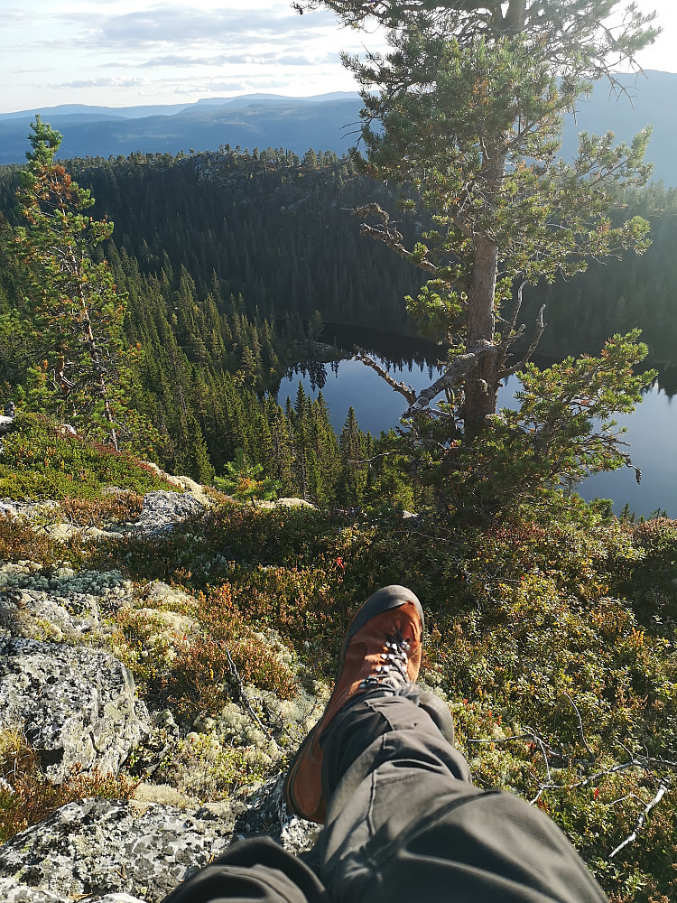Sitter på Skramsliberget Nord og ser ned på tjønna
