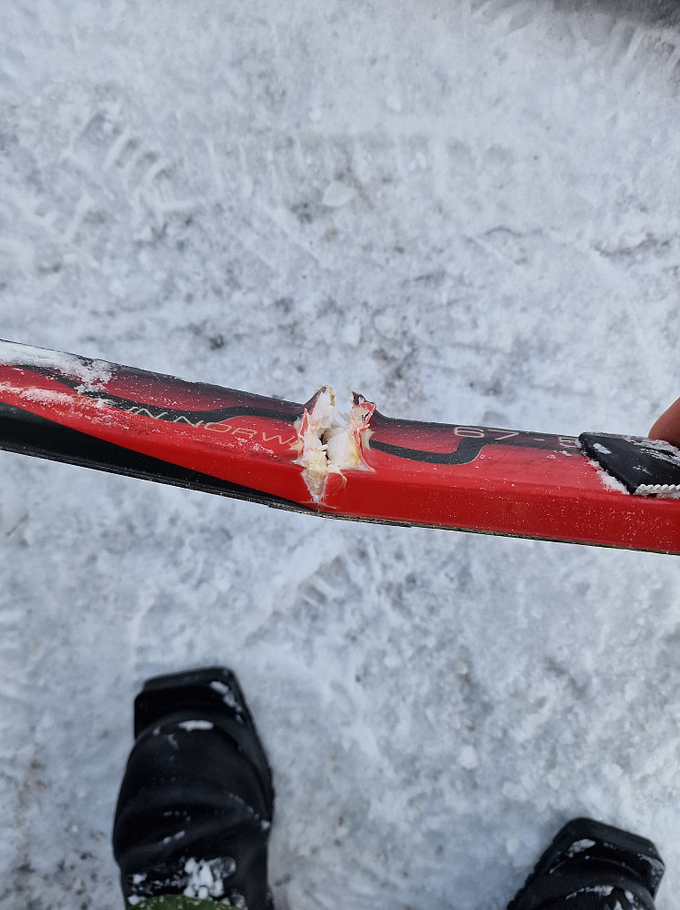 Rett før den siste toppen undret Arne seg over hvorfor det ene skiet mitt fulgte terrenget så fint... Heldigvis hang skiet sammen i såla, og stålkantene helt til bilen igjen.