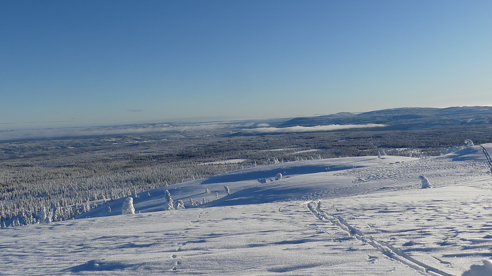 Tåka ligger nede i dalen. Den lettet helt på slutten av dagen. Bildet er tatt sørover fra Hemmelfjellet