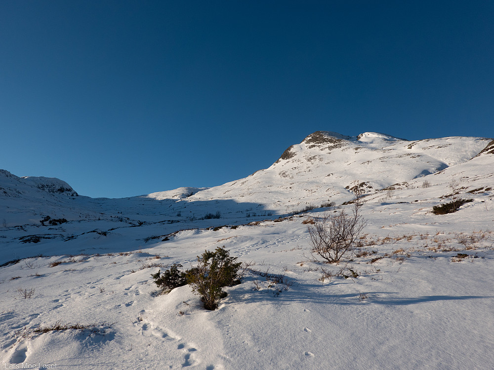 Når Søre Gynnildvatnet er rundert dukker Kalddalsknippen og Håkkåfjellet opp.