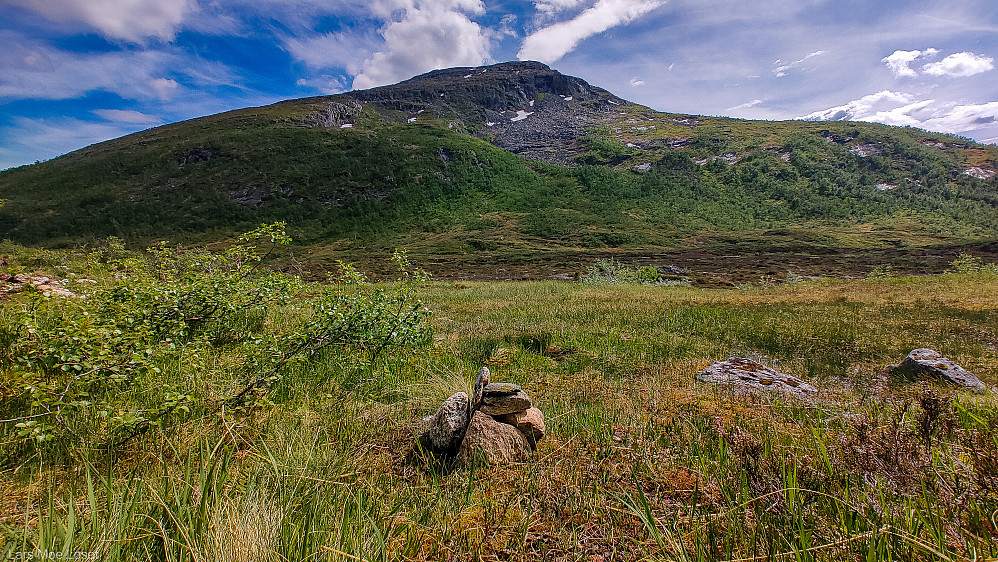Jeg reiste en liten varde på Surnadals midtpunkt (arealtyngdepunkt). Fauskånebba bak.