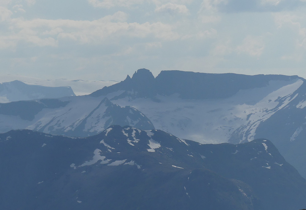 Yngvar Nielsen’s Tind, Tindefjell og Havaldetreet slik de ser ut fra Ospelifjellet.