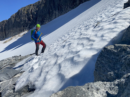 Image #3: With an ice axe and large shoe crampons on Adelsbreen Glacier, ready to enter the crevice between Mount Store Trolltind and Mount Vestre Trolltind.