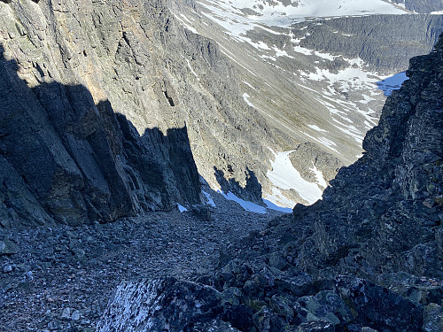 Image #24: The chute on the south side of the notch between Mount Vestre Trolltinden and Mount Store Trolltinden. This chute extends down into Storgrova Valley. In order to get on to Mount Store Trolltinden, I would have to descend a little bit down this chute.