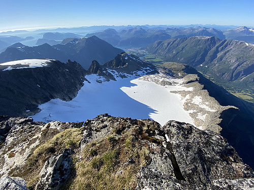 Image #29:View from Mount Store Trolltind over Adelsbreen Glacier. The town of Åndalsnes i seen afar.