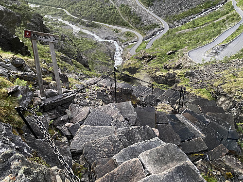 Image #39: When the Trollstigen Hairpin Road was constructed in the early 1920ies, the Packhorse Trail was disrupted at the spots where it was crossed by the new road. Today, however, the continuity of the trail has at some places been restored by stairs, so that you won’t have to climb down from the hairpin road, which is often two or three metres more elevated.