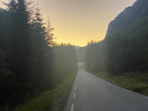 Image #40:The last part of my trip went along Isterdalsveien Road, or County Road 63. At that time it was night, but it didn’t matter much, as it’s a Norwegian saying that you shouldn’t waste the bright summer nights on sleeping. And this night was incredibly beautiful. This image was shot a few minutes before 1:30 a.m., which is the astronomic or solar midnight in Rauma Municipality at this time of the year; so it never got any darker this night than what is seen in this picture, before it started to dawn against day, again. The sun at this time is not more than about 5° beneath the northern horizon.