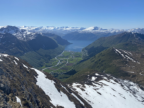 Image #13: View from Mount Storheimshornet towards the valley of Stordalen and the village with the same name.
