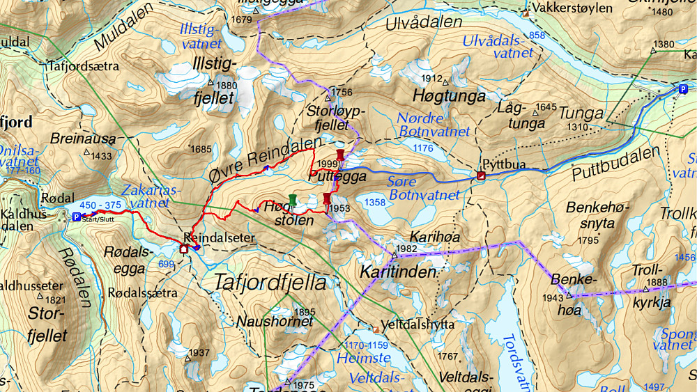 Bilde #41: Den røde ruta er min GPS-tracking fra turen. For dem som måtte ønske seg en litt mer vanlig fjelltur, anbefales heller at man går til Pyttegga fra Ulvådalen ved Bjorli, dvs. langs den blå ruta; som går via Pyttbua [1161 m.o.h.], hvor man kan legge inn en overnatting på vei til og/eller fra Pyttegga.