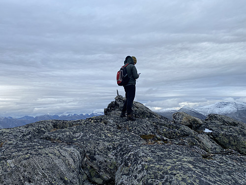 Bilde #9: På toppen av Vassdalshornet [1428 m.o.h.]. Det var nysnø høyere oppe i fjellene denne dagen, men under 1500 høydemeter var det bare flekkvis littegrann.