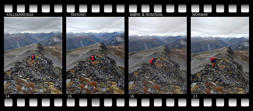 Bilder ## 14 - 17: Undertegnede på vei nedover langs Kallskaregga.