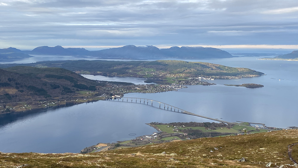 Bilde #3: Ovenfor skoggrensa ble utsikten enda bedre. Her sees Tresfjordbrua, Vestnes, og Furlandet omtrent midt på bildet, mens Midøya, Otrøya og Aukra sees i bakgrunnen.