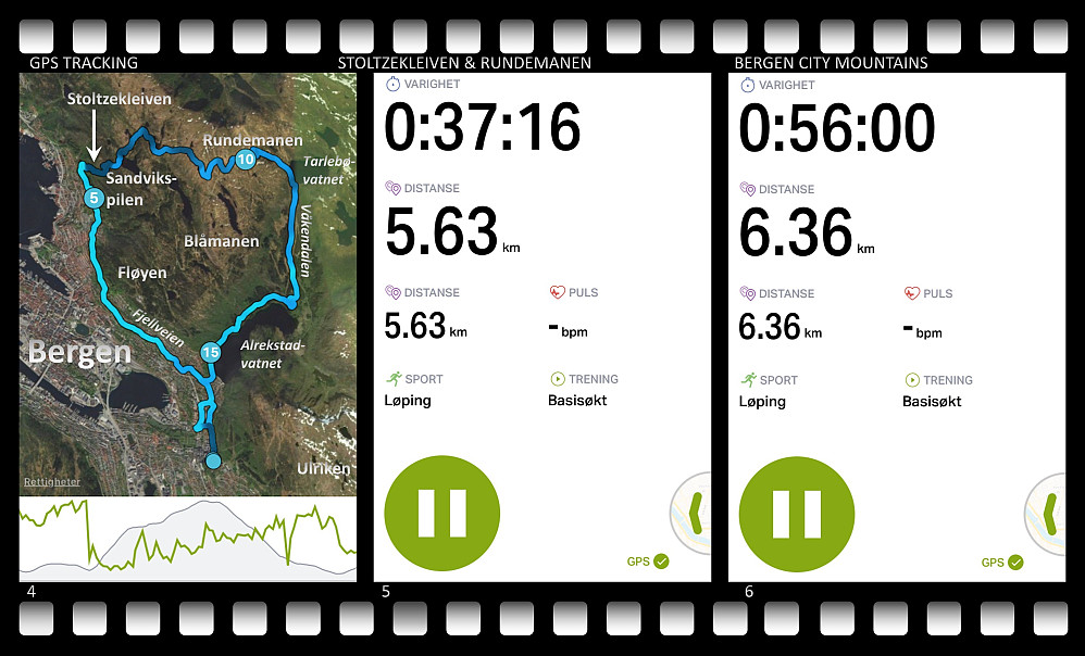 Bilde #4: GPS-tracking (Endomondo) fra turen. Bilde #5: Tilbakelagt tid og distanse ved foten av Stoltzekleiven. Bilde #6: Tilbakelagt tid og distanse oppe ved Sandvikspilen.