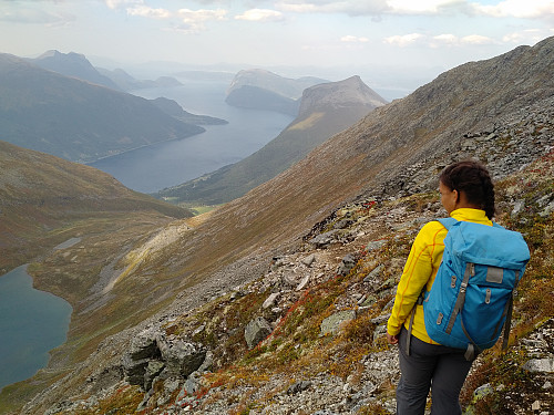 Bilde #5: I fjellsida på vestsida av Dronninga, med utsikt mot Innfjorden. Vatnet nede til venstre er Haugabotsvatnet [680 m.o.h.]. Fjellet på høyre side av Innfjorden er Grisetskolten [1068 m.o.h.].