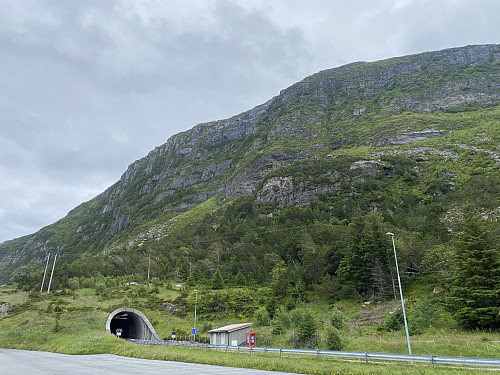 Bilde #1: Fjellsida ved tunnelåpningen på Alnes. Ved første øyekast ser det for bratt ut til at man komme opp her, men kommer man nærmere, åpner det seg flere mulige traséer man kan følge oppover.