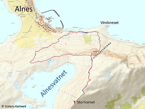 Bilde #5: GPS-trackingen fra turen. Denne viser hvordan jeg gikk opp Vindsnes-renna, men ned igjen den vanlige ruta som alle bruker. Trackingen viser også hvordan jeg forsøkte meg på ryggen vest for Vindsnesrenna,...