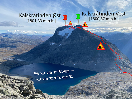 Bilde #1: Omtrentlig trasé over Kalskråtinden. Ruta her i hvert fall 3 partier med nokså eksponert klyving, her markert med fareskilt.