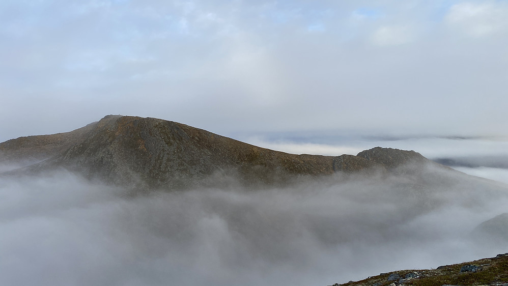 Bilde #11: Utsikt fra Haddalshornet [611 m.o.h.] mot Blåtinden [697 m.o.h.], Dyrehornet [671 m.o.h.], og Grøthornet [593 m.o.h.]. Blåtinden sees sammen med Dyrehornet til venstre i bildet, mens Grøthornet er den litt lavere knausen til høyre i bildet.