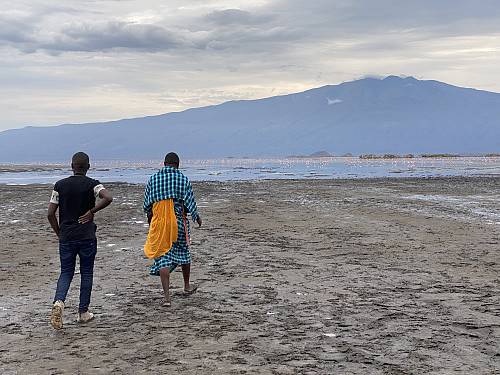 Image 10: Frank and our local guide approaching the shores of Lake Natron.