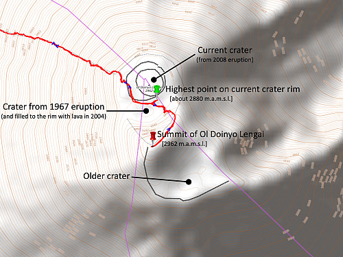 Image #39: As this mountain may be prone to extensive changes in the future, I include this screenshot of the map of the summit/top area, with three still visible craters, and with the current elevation of the summit and the crater rim as given.