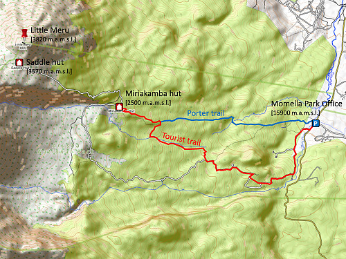 Image #5: Map showing the commonly used trails from Momella to Miriakamba. The concept is to lead the tourists a slightly longer way than the cook and the porters, so that everything, including dinner, will be ready when the tourists arrive in the camp. The slightly longer route probably increases the chance of wildlife encounter in the park.