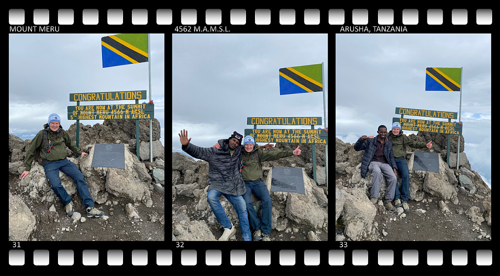 Images ## 31-33: On the summit of Mount Meru, previously occasionally referred to as the "Socialist Peak". The sign says it's the 5th highest mountain in Africa, but that number is based on the previous belief that Ras Dashen in Ethiopia was 4620 m.a.m.s.l. Since later measurements (with more modern equipment) have shown Ras Dashen to be only 4553 m.a.m.s.l., however, Meru is actually the 4th higest mountain in Africa, after Kilimanjaro, Mount Kenya and Rwenzori; provided a vertical separation of at least 500 meters, and a horisontal separation of at least 10 kms is required for a rock formation to be counted as a separate mountain (otherwise, Mawenzi and a large number of peaks in the Rwenzori massif, as well as some additional Mount Kenya peaks are also higher).
