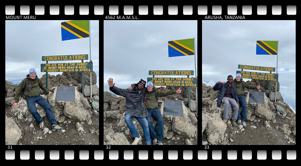 Images ## 31-33: On the summit of Mount Meru, previously occasionally referred to as the "Socialist Peak". The sign says it's the 5th highest mountain in Africa, but that number is based on the previous belief that Ras Dashen in Ethiopia was 4620 m.a.m.s.l. Since later measurements (with more modern equipment) have shown Ras Dashen to be only 4553 m.a.m.s.l., however, Meru is actually the 4th higest mountain in Africa, after Kilimanjaro, Mount Kenya and Rwenzori; provided a vertical separation of at least 500 meters, and a horisontal  separation of at least 10 kms is required for a rock formation to be counted as a separate mountain (otherwise, Mawenzi and a large number of peaks in the Rwenzori massif, as well as some additional Mount Kenya peaks are also higher).