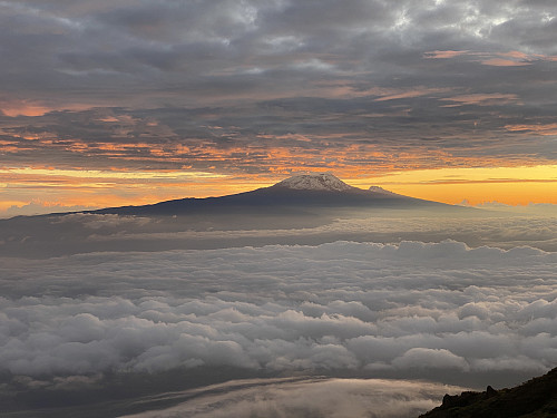 Image #40: Kilimanjaro and Mawenzi as seen from Little Meru at twilight. The clouds were obscuring the sunrise a bit, but not the view of Kilimanjaro.