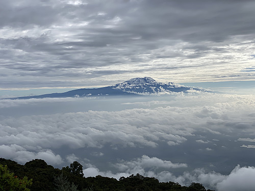 Image #47: Kilimanjaro as seen during our descent towards the Miriakamba Camp. A cloud is partially obscuring the view of Mawenzi in this image.