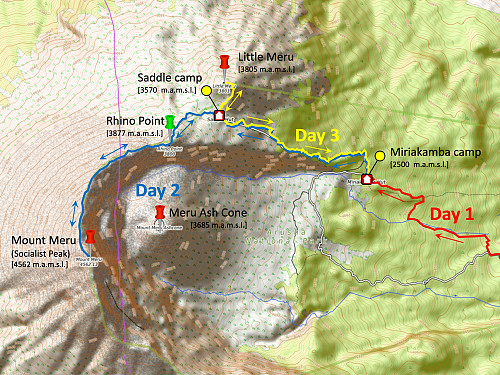 Image #6: Our Meru Trek divided into day trips: On day 1 we reached the Miriakamba camp site, on day 2 we went up to the Saddle hut, and Holson and I continued up to the summit. On day three Holson and I ascended Little Meru in the early morning, before we all went back down to Miriakamba.