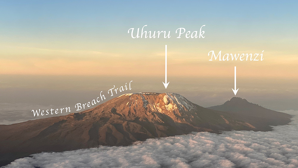 Image #2: An image of Mount Kilimanjaro as seen from a slightly more western view than on the previous picture. In addition to Uhuru Peak and Mawenzi, the Western Breach Trail is marked out.