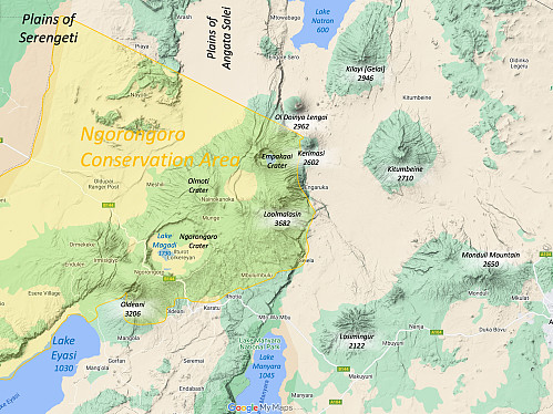 Image #9: Map showing The Ngorongoro Concervation Area with the old volcanic calderas of Ngorongoro, Olmoti, and Empakaai; along with the mountains of Oldeani, Loolmalasin, and Ol Doinyo Lengai, among others.