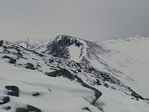 Bilde #8: Når man nesten er oppe på vesttoppen [1193 m.o.h.], ser man hovedtoppen, og ryggen som fører bort dit. Det er spesielt bratt ned på nordsida av ryggen.