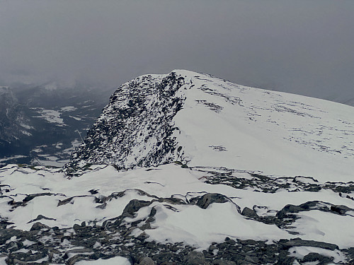 Bilde #11: Utsikt fra hovedtoppen i retning Sørtoppen på fjellet [1181 m.o.h.]. Til venstre i bildet sees noe av jordbruksarealet i Isfjorden.