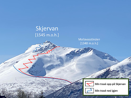 Bilde #1: Mitt trasévalg for turen opp på Skjervan (rød kurve) og ned igjen (blå kurve) denne dagen. Her er fjellet fotografert fra andre sida av fjorden ca. 1 måned senere.