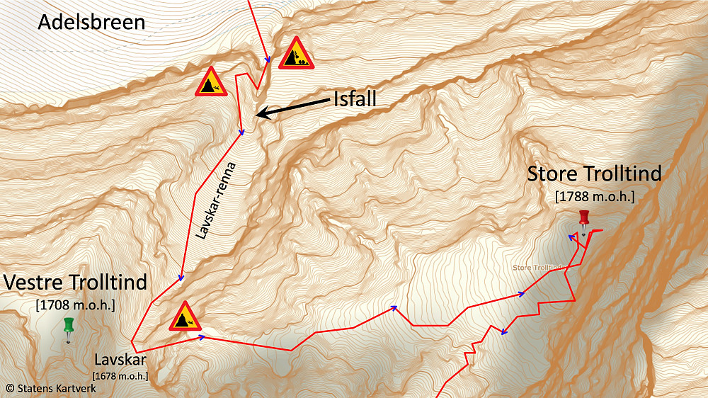 Bilde #16: Ruta opp Lavskar-renna, og videre opp på toppen av Store Trolltind. GPS'en mister som regel satellitt-kontakten når jeg ferdes i sånne dype renner, og så får man en kurve som hopper fram og tilbake, men jeg har rekonstruert kurven etter beste evne på bakgrunn av bilder og videoer, og på bakgrunn av hvor jeg faktisk vet at jeg gikk. Jeg har lagt på noen fareskilt. Det ene er for steinsprang. Det kan falle både stein og is fra fjellsida i nedre delen av renna, så det er viktig å bruke hjelm. Ellers er det bratt opp både i renna og langs fjellryggene, så trad-sikring med klatresele, tau og kiler etc. anbefales om man er flere som klatrer sammen.
