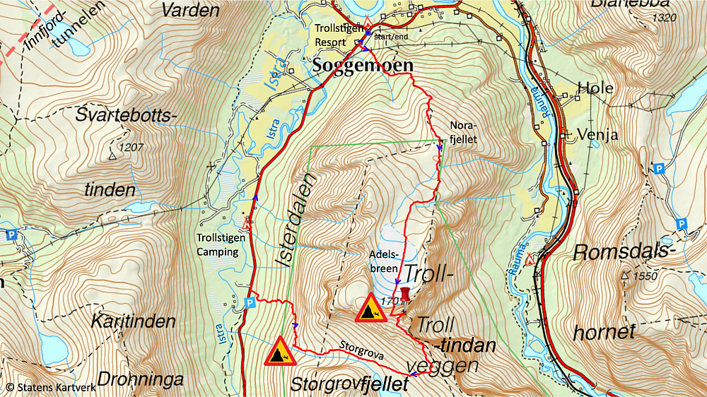 Bilde #32: Kart over hele rundturen. Merk at ikke bare traséen opp til Lavskar og Store Trolltind er bratt, men også den fra Storgrova og ned i Isterdalen; og det var litt krevende å ta seg ned der, ikke minst fordi det etterhvert også ble nokså tett vegetasjon nede i dalsida.