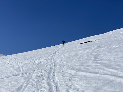 Bilde #6: Vi nærmer oss toppen på Vardebakkane [1099 m.o.h.]. Fra Vardebakkane går det såvidt litt ned igjen [12 meter], før man begynner på den siste oppstigningen til selve Jolgrøhornet [1253 m.o.h.]. Været var upåklagelig, med skarpt solskinn denne dagen.