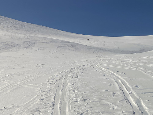 Bilde #5: På vei vestover, mot sadelen mellom Kalberget [1088 m.o.h.] og nordtoppen på Goksøyra [1211 m.o.h.]. De andre skiløperne er fortsatt foran oss. På bildet ser det ut som det er to, men de var tre stykker, så én er nok på bildet gjemt bak en annen.