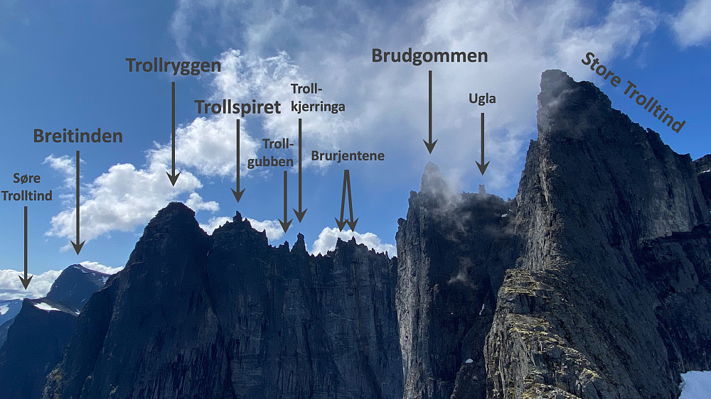 Bilde #4: Utsikt fra Nordre Trolltind mot Store Trolltind, Trollveggen og Trolltindan. Her har jeg tenkt meg opp den bratte ryggen til høyre i bildet.